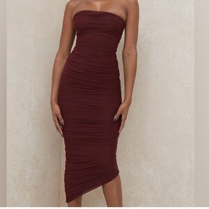 House of CB- Sasha - Strapless Ruched Midi Dress, Burgundy - Size S